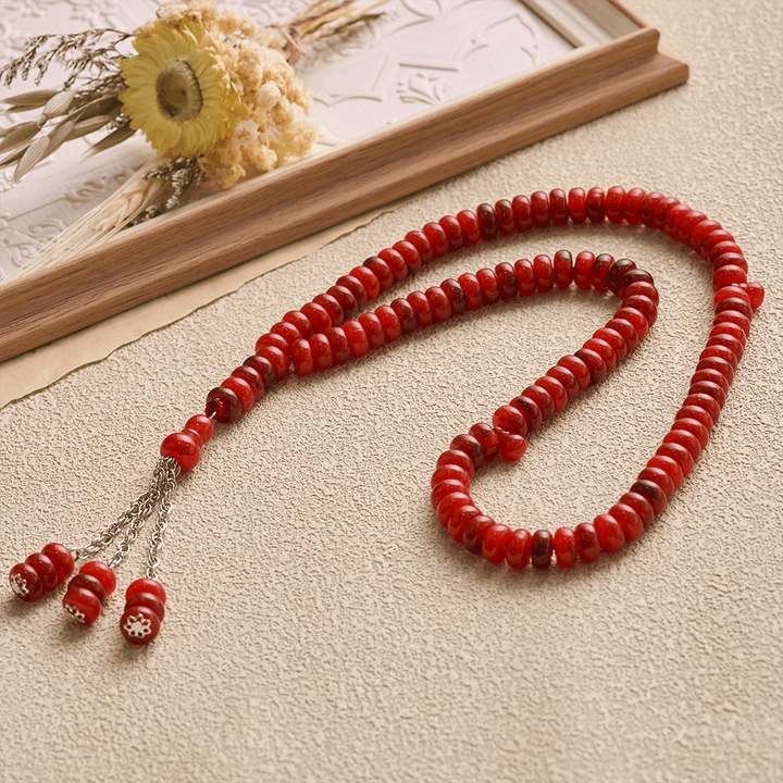 HilalHaven Stone-Effect Acrylic Meditation 99 Beads Tasbih - Red - image 0