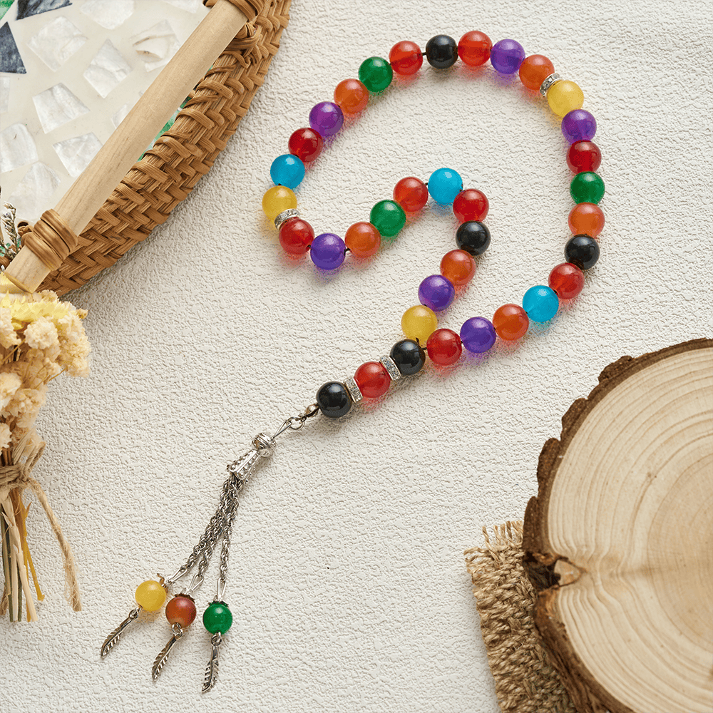 HilalHaven Multicolor Agate Prayer 33 Bead Tasbih Strand - Colorful - image 0