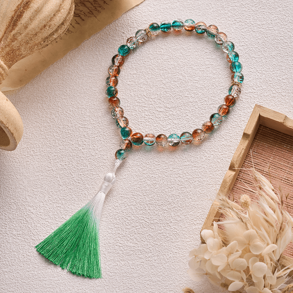 HilalHaven Crackle Glass Prayer Bead Strand —— 33 Beads Tasbih - Teal & Amber Gradient - image 0