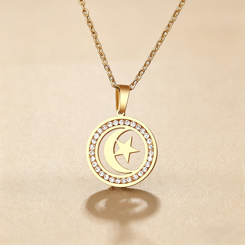 HilalHaven Fashion OL Star &amp; Moon Stainless Steel Necklace - Golden - image 1
