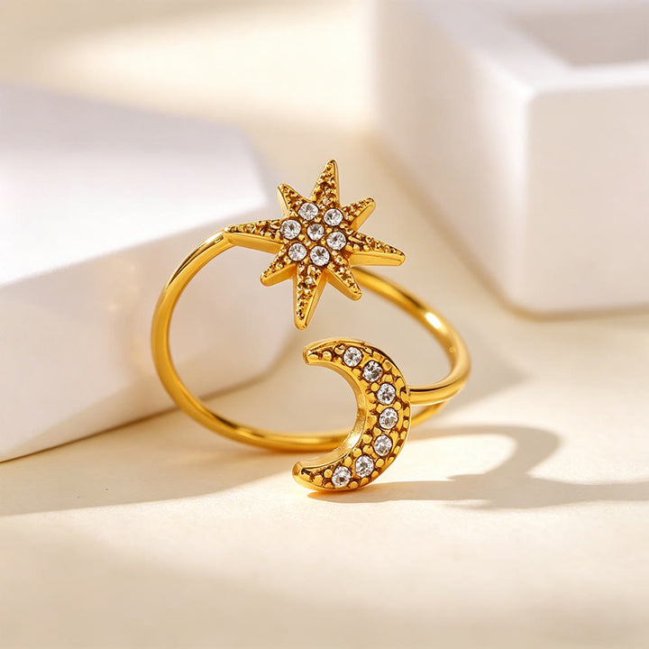 HilalHaven Adjustable Star &amp; Moon Statement Ring - Golden Crescent &amp; Star - image 0