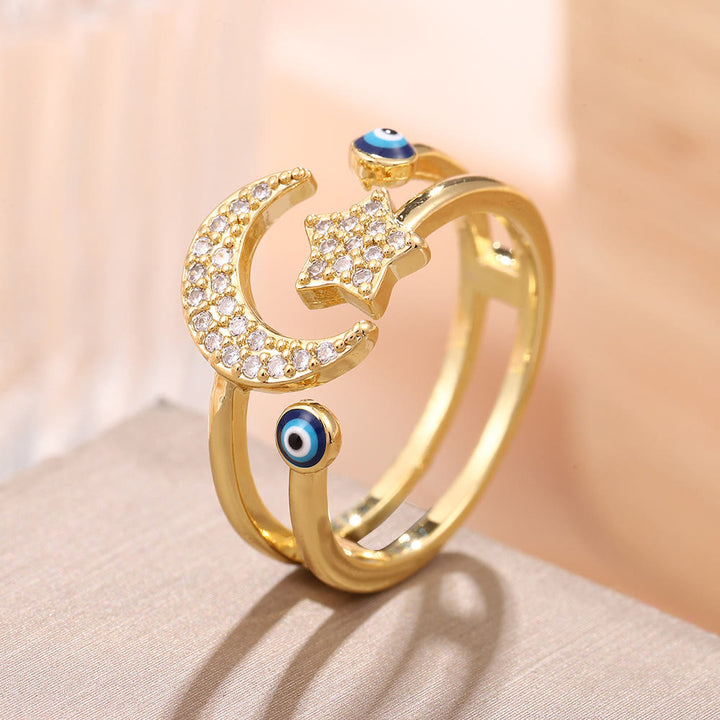  HilalHaven Enamel Accent Crescent &amp; Star Statement Open Ring - Golden - image 0