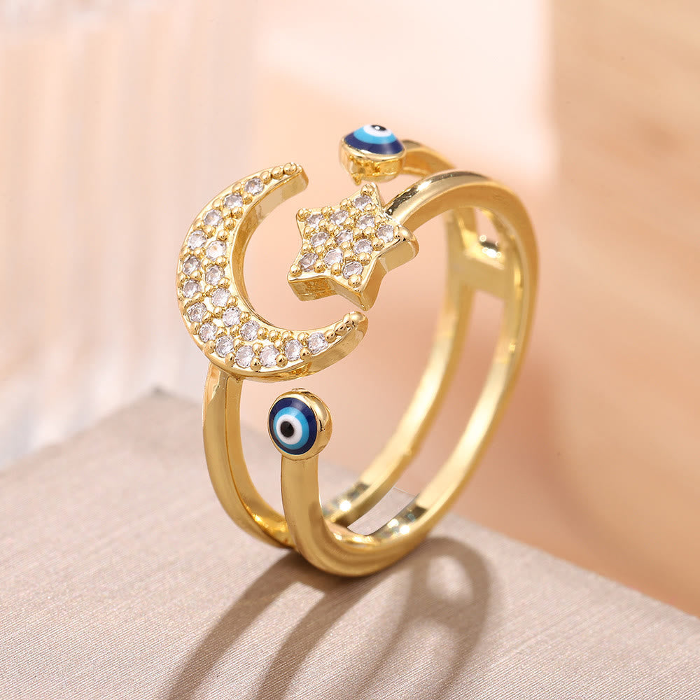  HilalHaven Enamel Accent Crescent & Star Statement Open Ring - Golden - image 0