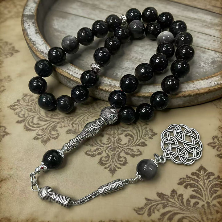 HilalHaven Silver Obsidian Tassel Tasbih—— 33 Beads Tasbih - Beaded Tassel - image 0