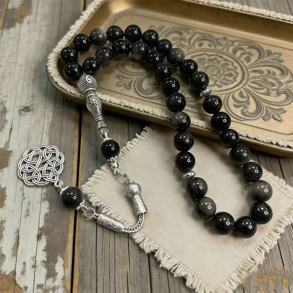 HilalHaven Silver Obsidian Tassel Tasbih—— 33 Beads Tasbih - image 1