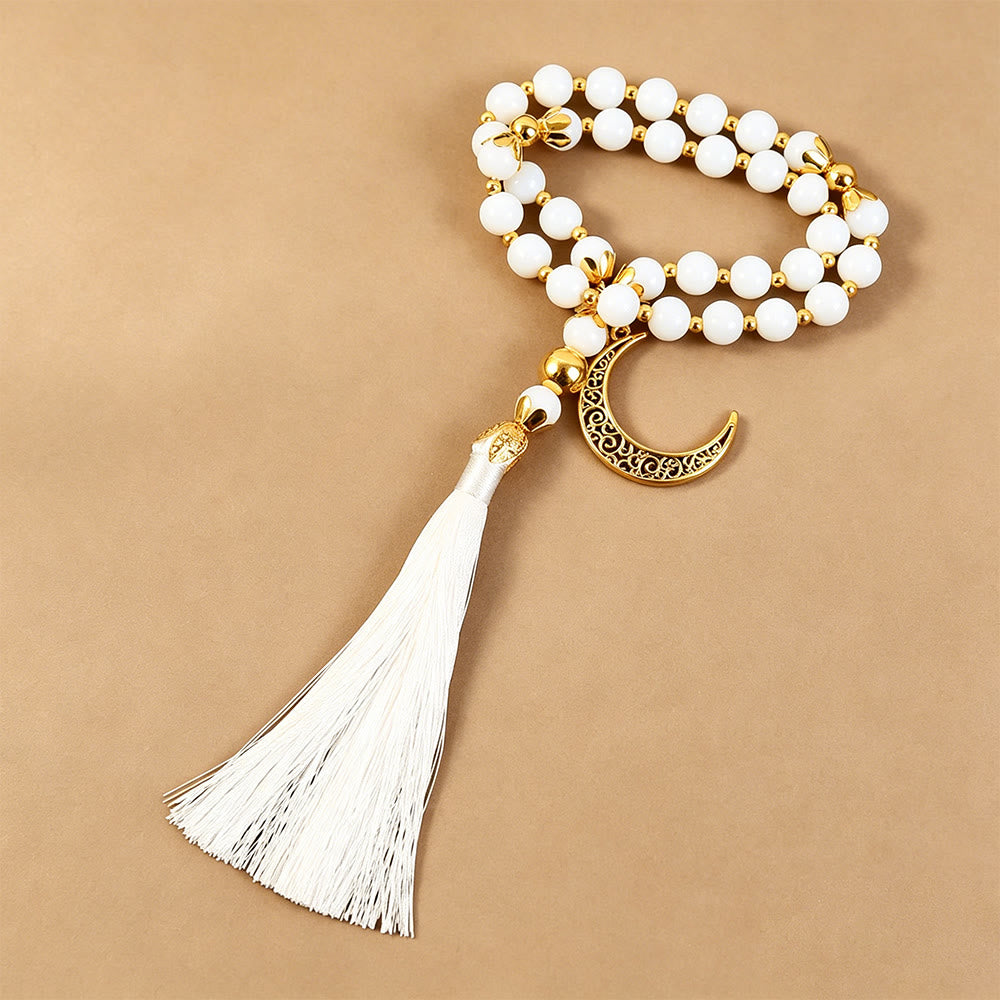 HilalHaven White Glass Crescent Tassel Tasbih—— 33 Beads Tasbih - image 1