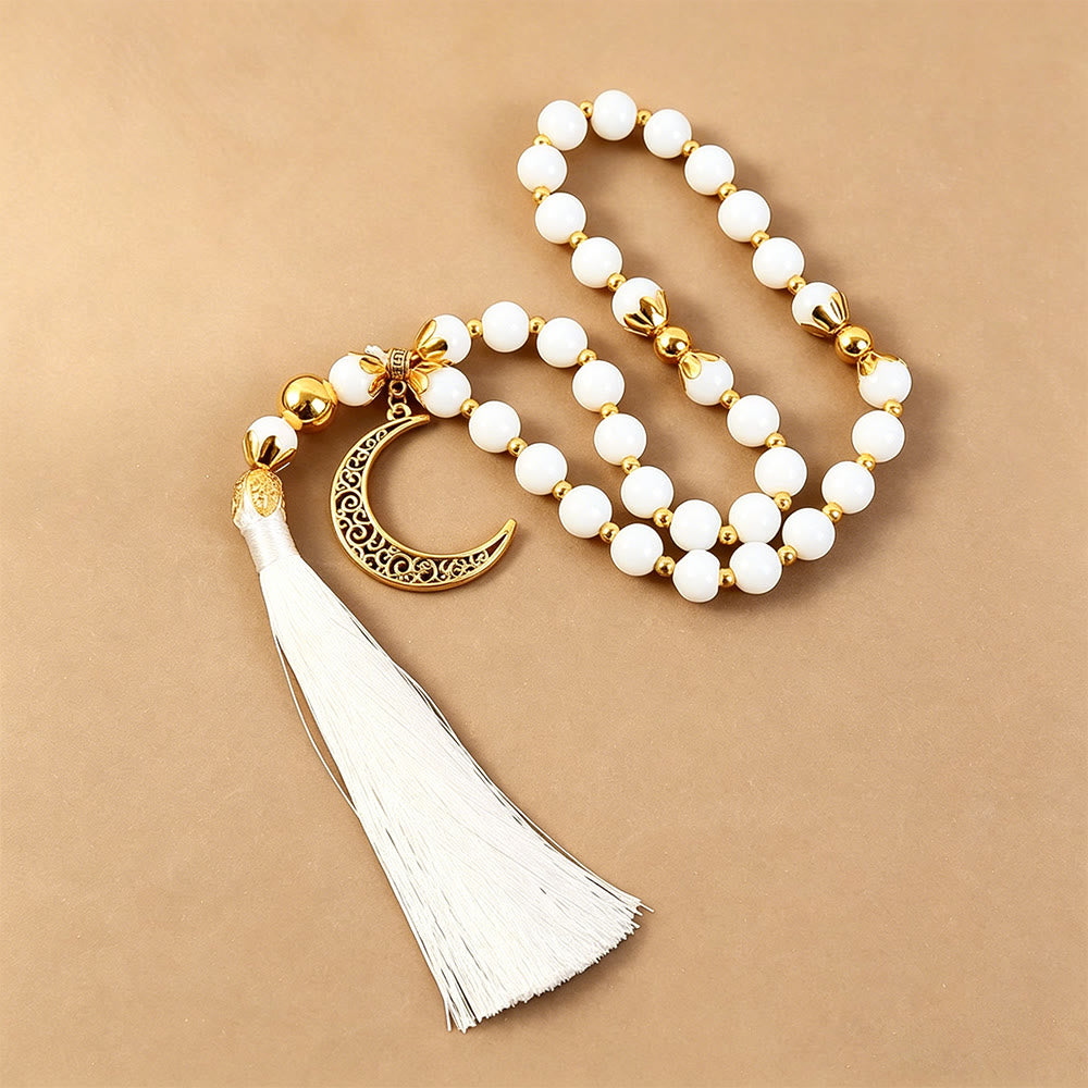 HilalHaven White Glass Crescent Tassel Tasbih—— 33 Beads Tasbih - White - image 0