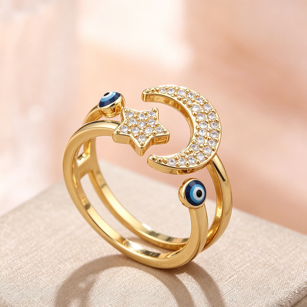  HilalHaven Enamel Accent Crescent &amp; Star Statement Open Ring - image 3