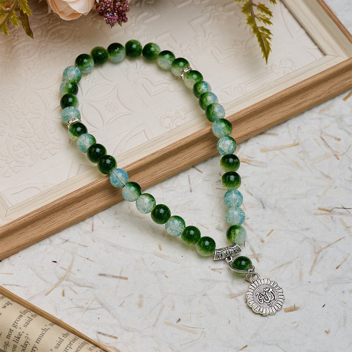  HilalHaven 33-Count Crackle Glass Tasbih with Charm - Green&amp;White Crackle - image 12
