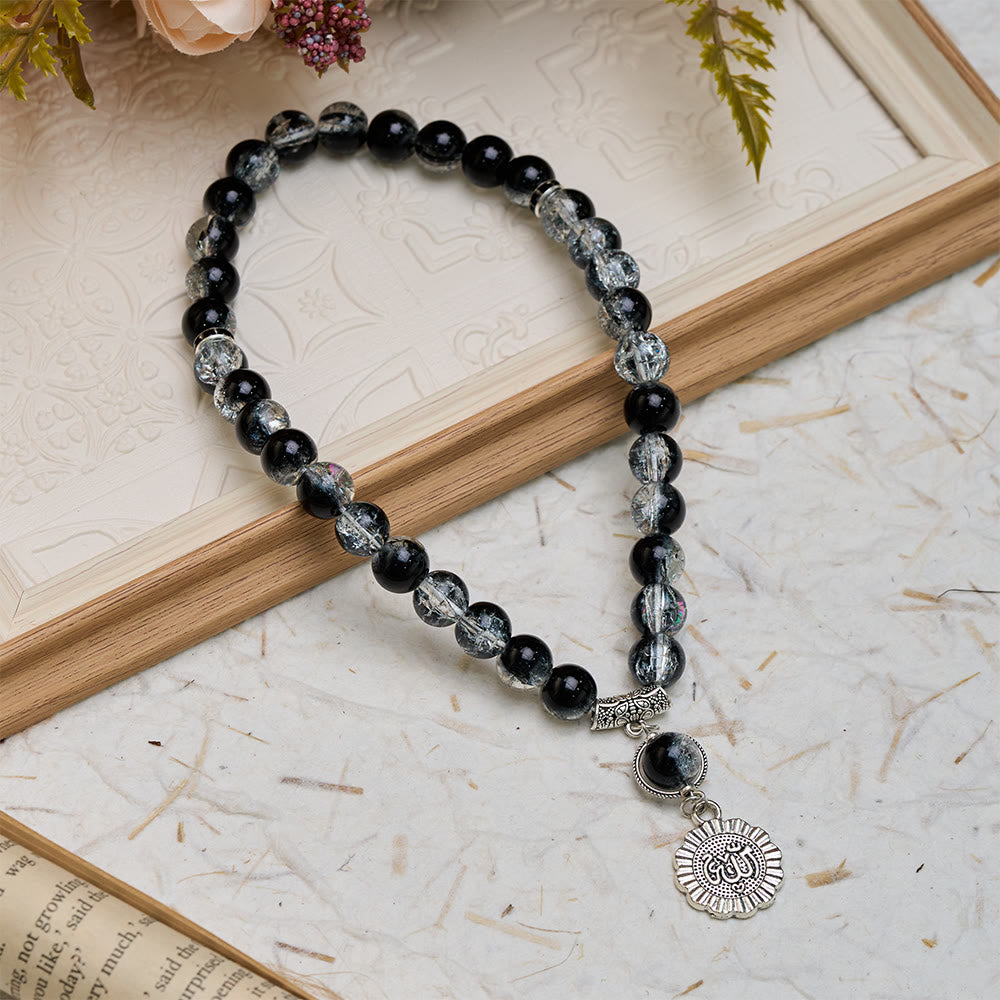  HilalHaven 33-Count Crackle Glass Tasbih with Charm - Black&amp;White Crackle - image 8