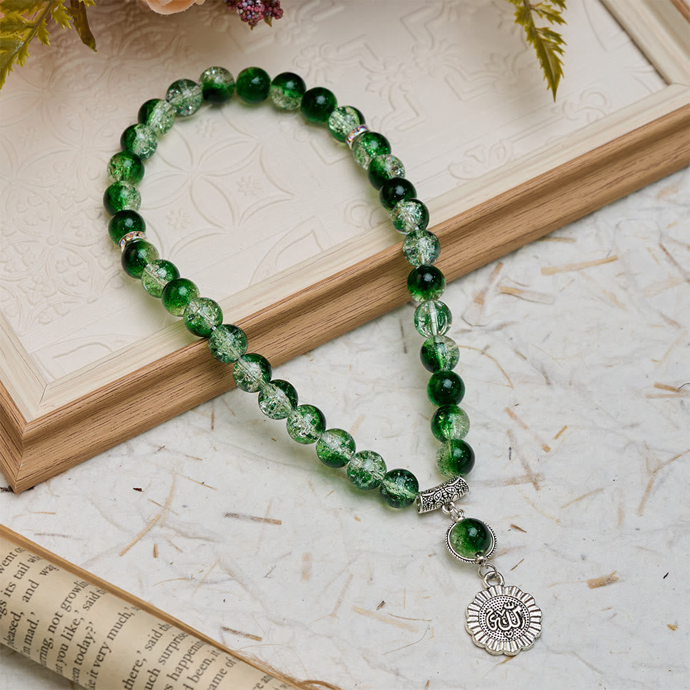  HilalHaven 33-Count Crackle Glass Tasbih with Charm - Green&amp;Transparent  Crackle - image 16