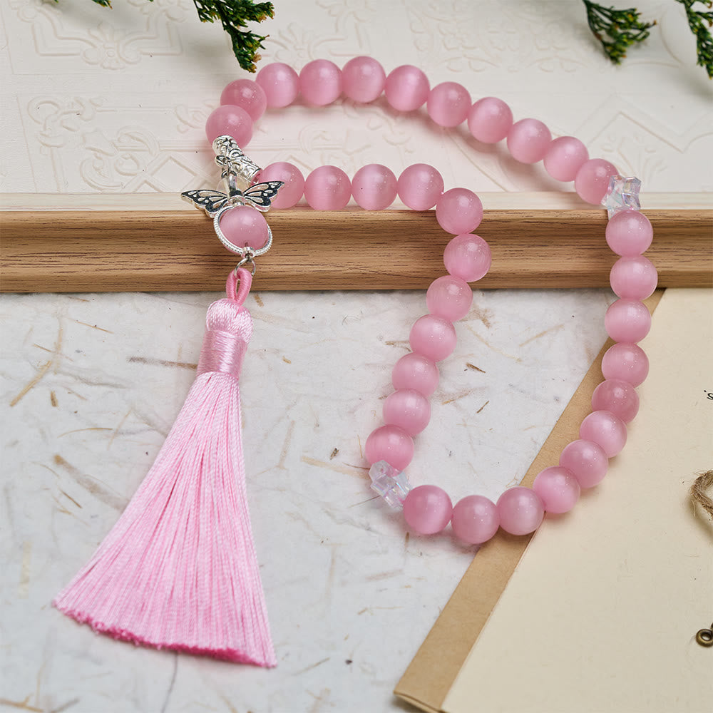 HilalHaven Cat's Eye Glass 33 Beaded Tasbih - Pink Cat's Eye - image 0