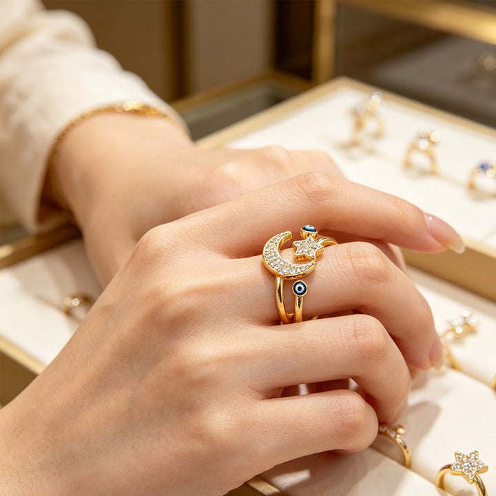  HilalHaven Enamel Accent Crescent &amp; Star Statement Open Ring - image 5