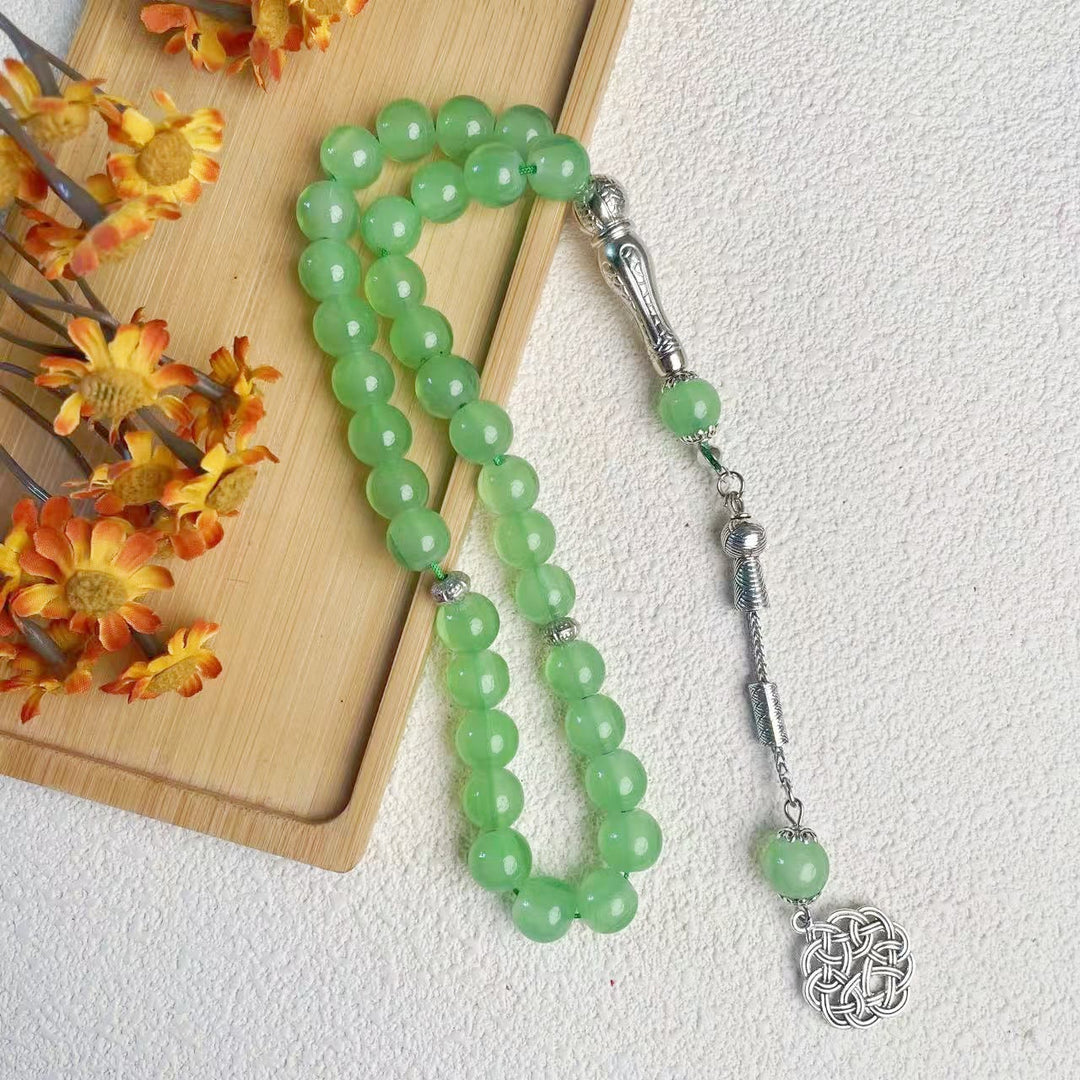 HilalHaven 10mm Round Pastel Glass 33 Beads Tasbih — Handcrafted Cultural Prayer Beads with Ornate Tassel - Green - image 5