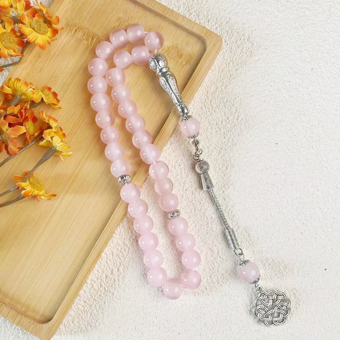 HilalHaven 10mm Round Pastel Glass 33 Beads Tasbih — Handcrafted Cultural Prayer Beads with Ornate Tassel - Pink - image 0