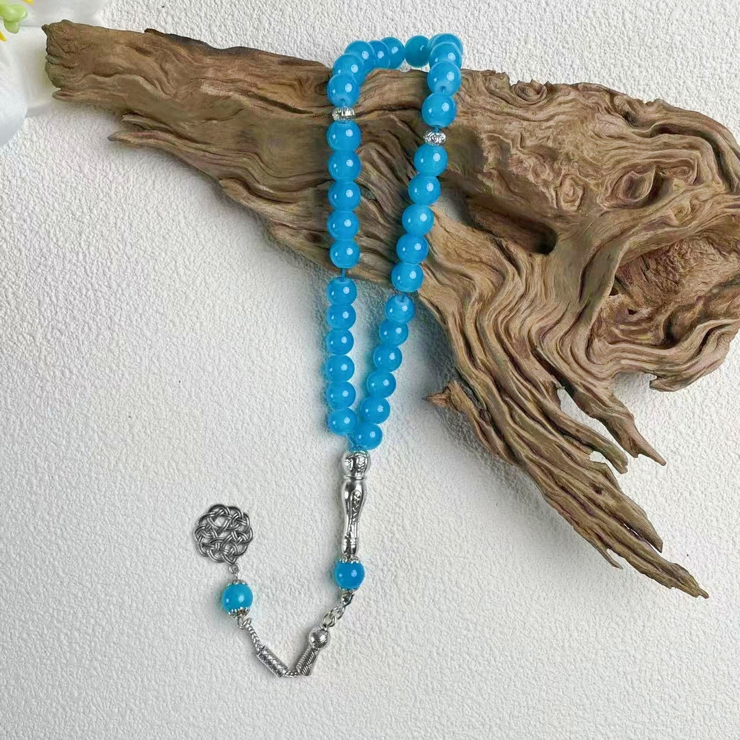 HilalHaven 10mm Round Pastel Glass 33 Beads Tasbih — Handcrafted Cultural Prayer Beads with Ornate Tassel - Blue - image 7
