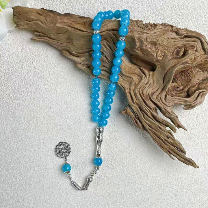 HilalHaven 10mm Round Pastel Glass 33 Beads Tasbih — Handcrafted Cultural Prayer Beads with Ornate Tassel - Blue - image 7