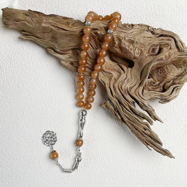 HilalHaven 10mm Round Pastel Glass 33 Beads Tasbih — Handcrafted Cultural Prayer Beads with Ornate Tassel - Brown - image 6