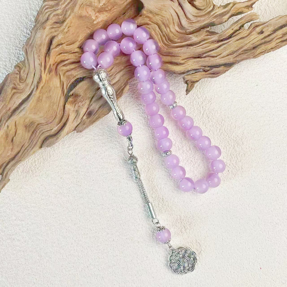 HilalHaven 10mm Round Pastel Glass 33 Beads Tasbih — Handcrafted Cultural Prayer Beads with Ornate Tassel - Purple - image 1