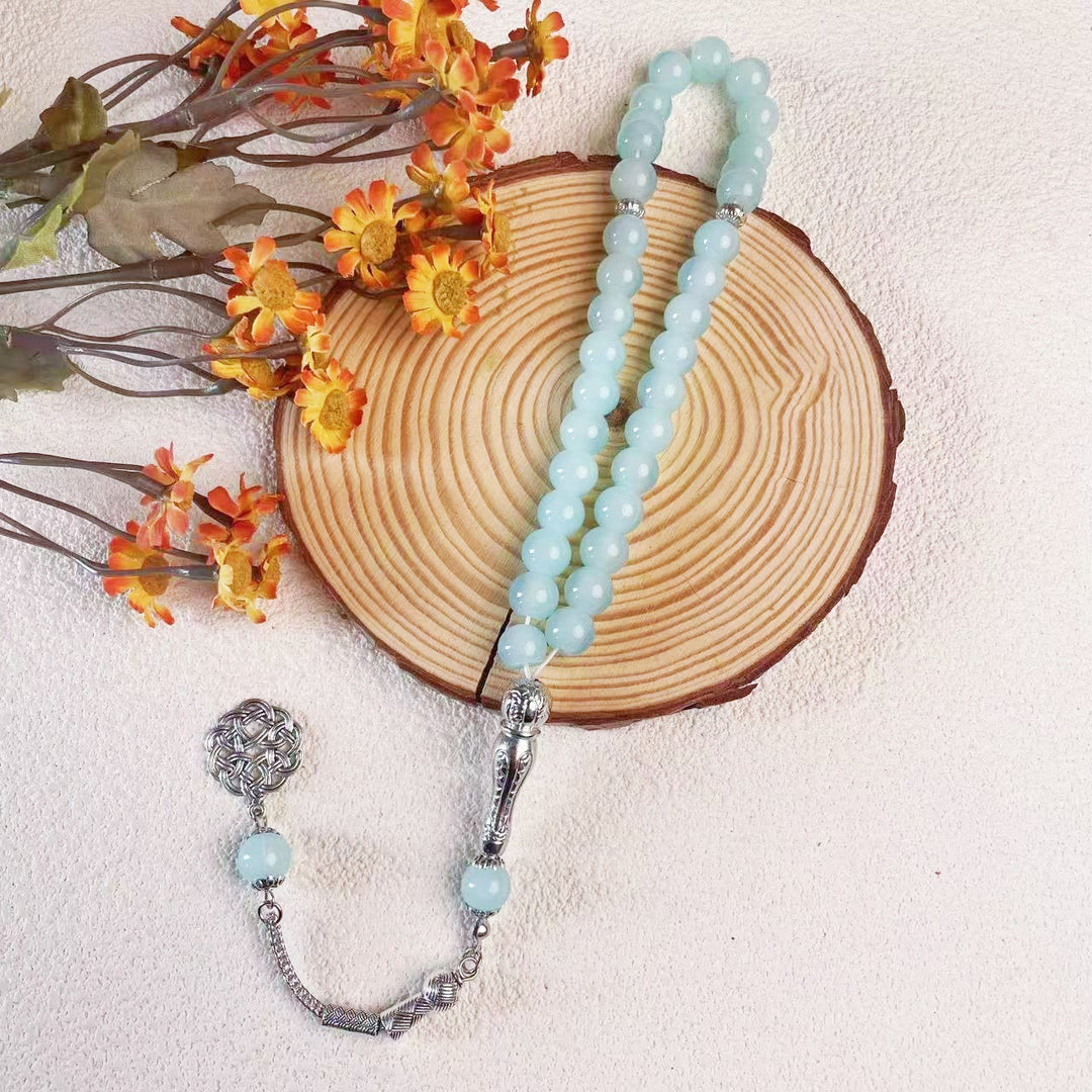 HilalHaven 10mm Round Pastel Glass 33 Beads Tasbih — Handcrafted Cultural Prayer Beads with Ornate Tassel - Light Blue - image 2