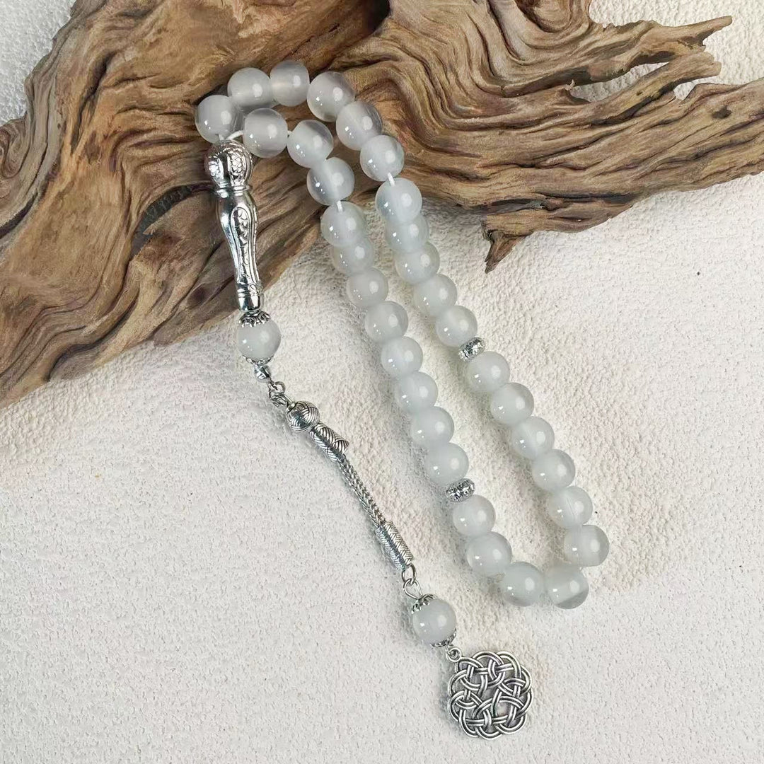 HilalHaven 10mm Round Pastel Glass 33 Beads Tasbih — Handcrafted Cultural Prayer Beads with Ornate Tassel - Gray - image 3