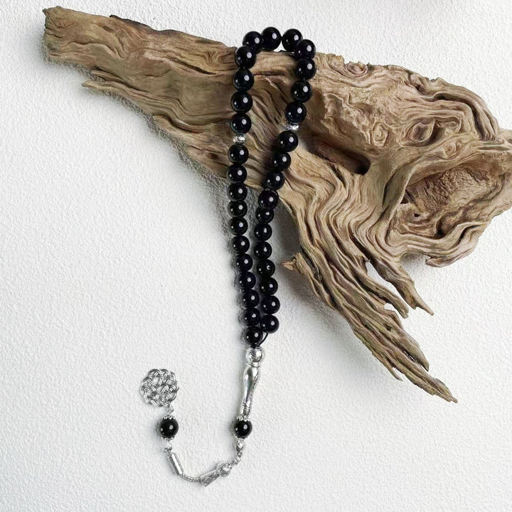 HilalHaven 10mm Round Pastel Glass 33 Beads Tasbih — Handcrafted Cultural Prayer Beads with Ornate Tassel - Black - image 4