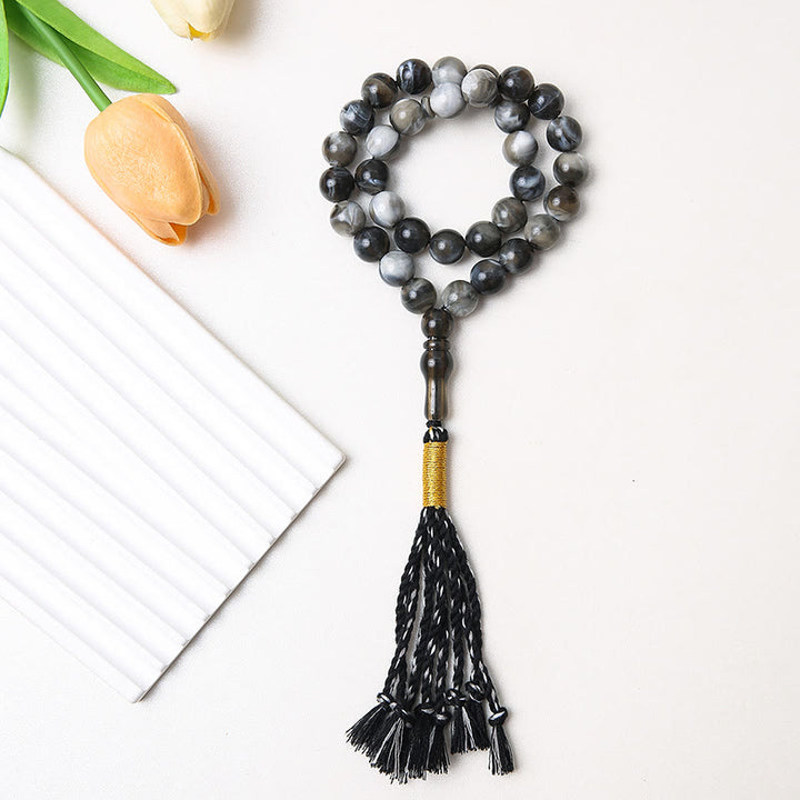 HilalHaven Round Acrylic 33 Beads Tasbih — Handcrafted Minimalist Cultural Prayer Beads with Tassel - Grey-Black - image 1