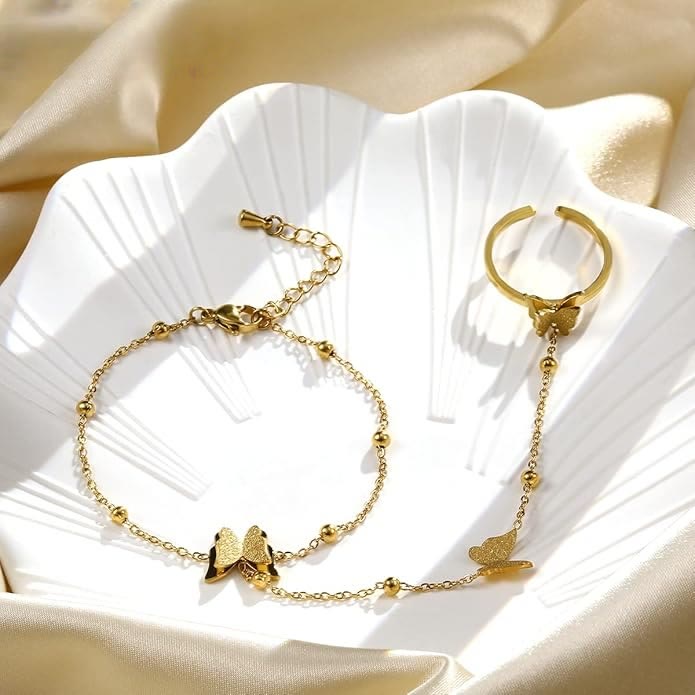 HilalHaven Elegant Butterfly Charm Bracelet &amp; Ring Set - image 2