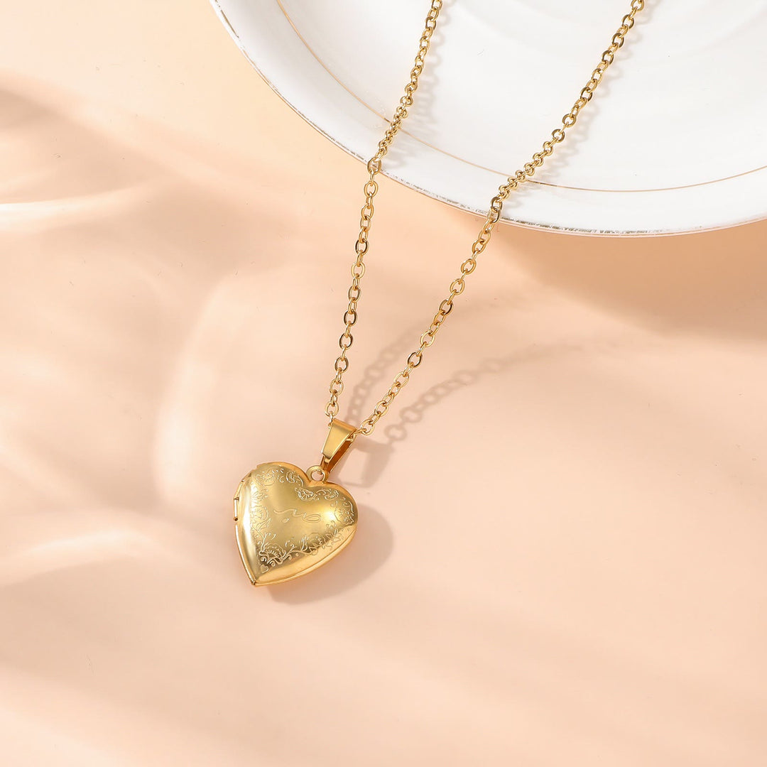  HilalHaven Engraved Heart Locket Pendant Necklace - Golden Heart - image 1