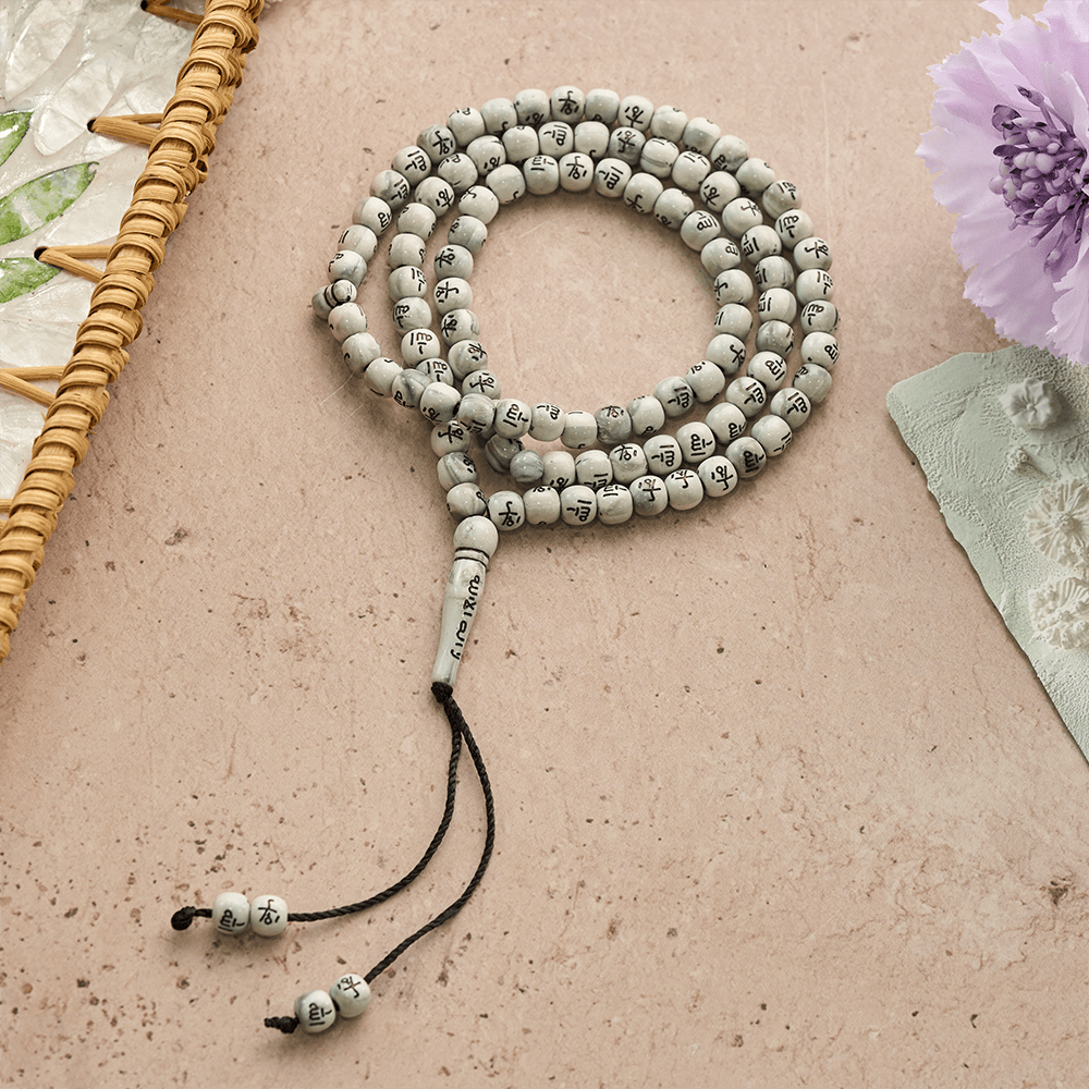 HilalHaven 8mm Round Acrylic Printed Beads Tasbih — Handcrafted Cultural 99 Beads Tasbih with Tassel - Light grey patterned - image 18