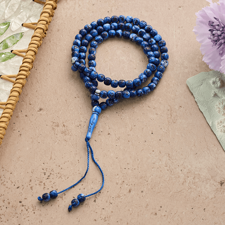 HilalHaven 8mm Round Acrylic Printed Beads Tasbih — Handcrafted Cultural 99 Beads Tasbih with Tassel - Deep blue veined - image 22