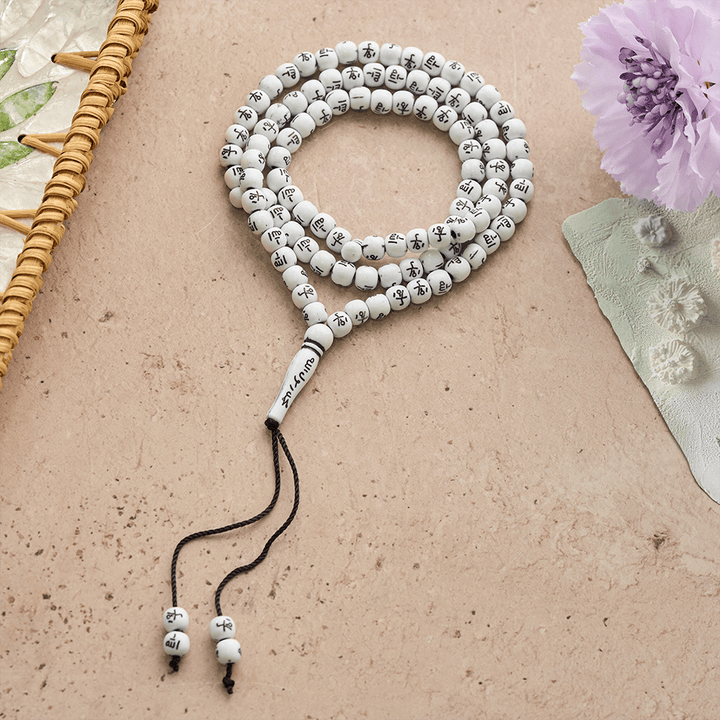 HilalHaven 8mm Round Acrylic Printed Beads Tasbih — Handcrafted Cultural 99 Beads Tasbih with Tassel - White with grey patterns - image 6
