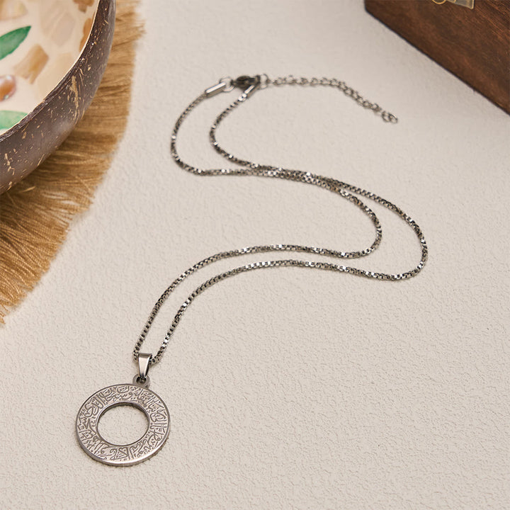 HilalHaven Stainless Steel Hollow Circle Engraved Necklace — Vintage Pendant with 45+5cm Adjustable Chain - image 3