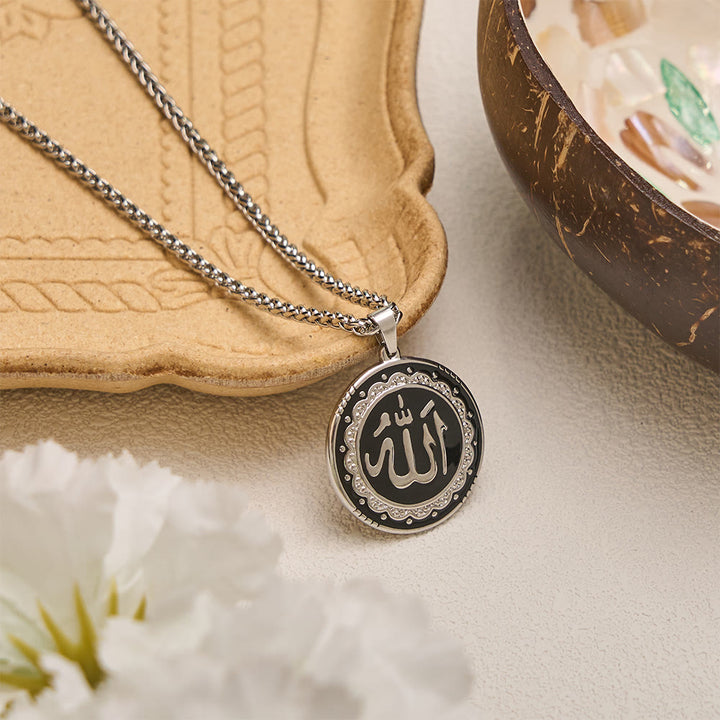 HilalHaven Stainless Steel Round Enamel Pendant Necklace — Engraved Medallion with 60CM Wheat Chain - image 7