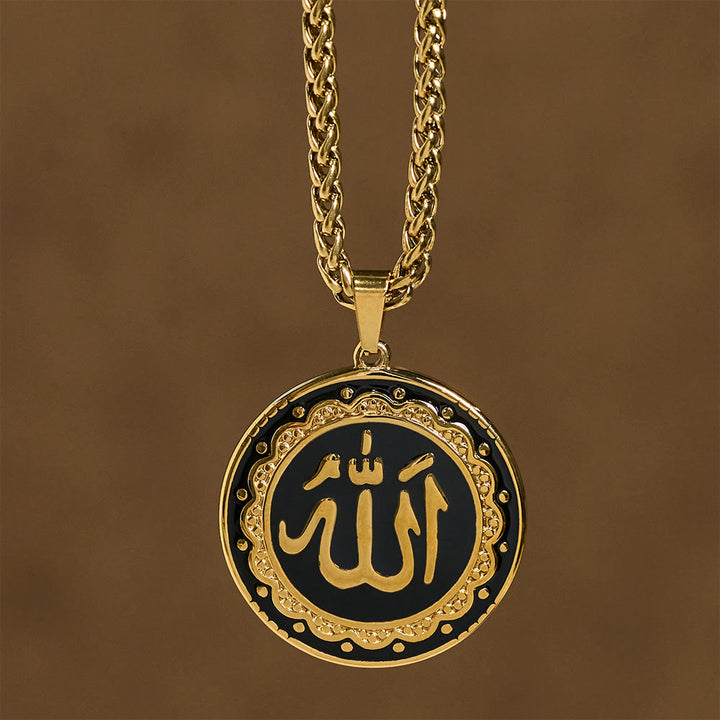 HilalHaven Stainless Steel Round Enamel Pendant Necklace — Engraved Medallion with 60CM Wheat Chain - image 4