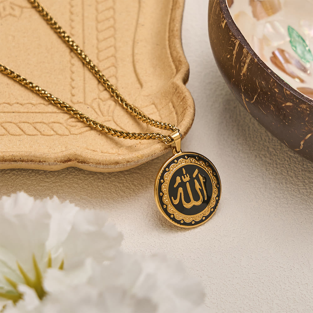 HilalHaven Stainless Steel Round Enamel Pendant Necklace — Engraved Medallion with 60CM Wheat Chain - image 3