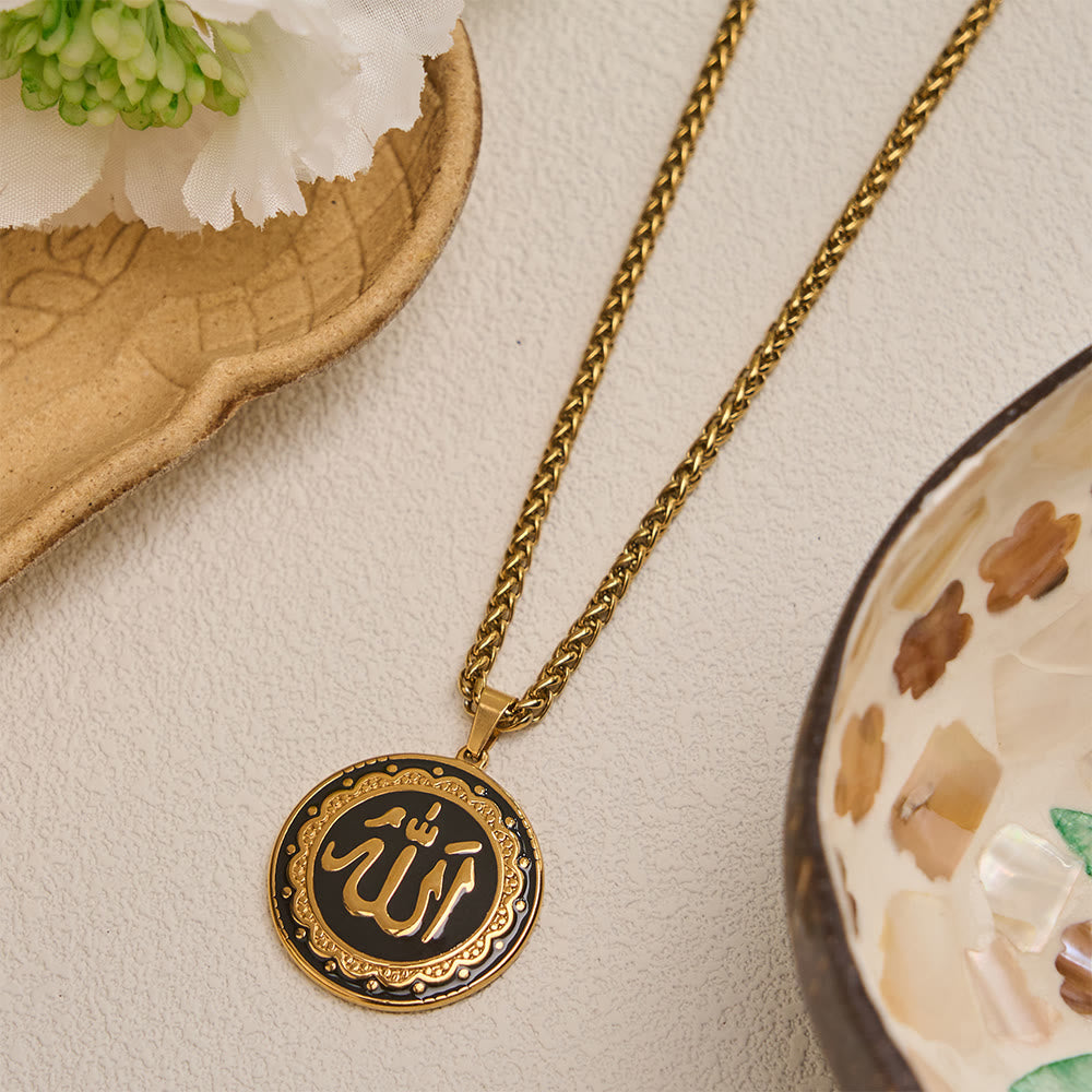HilalHaven Stainless Steel Round Enamel Pendant Necklace — Engraved Medallion with 60CM Wheat Chain - Golden - image 1