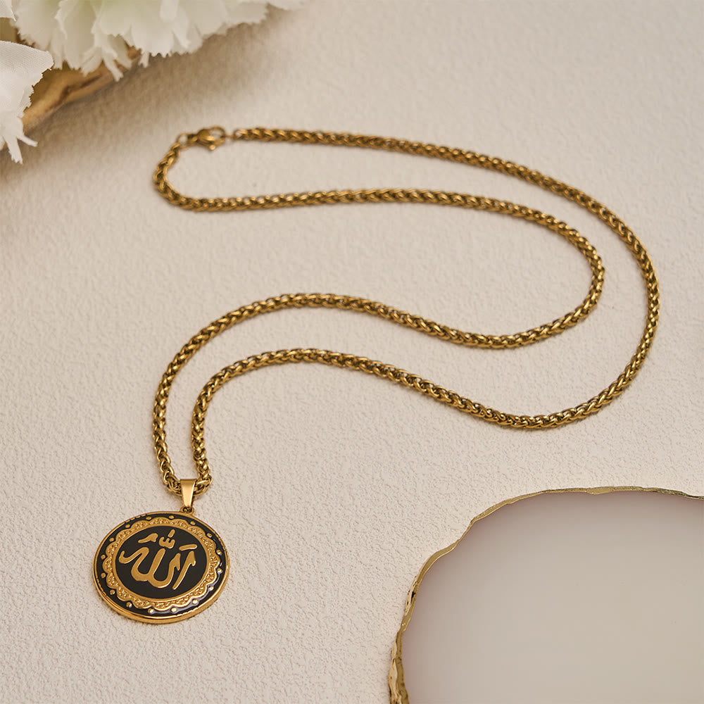 HilalHaven Stainless Steel Round Enamel Pendant Necklace — Engraved Medallion with 60CM Wheat Chain - image 2