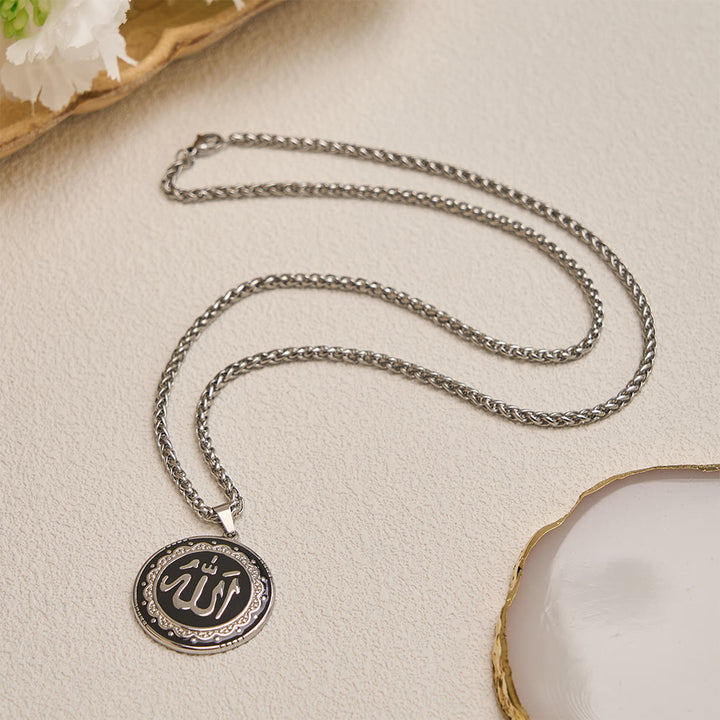 HilalHaven Stainless Steel Round Enamel Pendant Necklace — Engraved Medallion with 60CM Wheat Chain - image 6