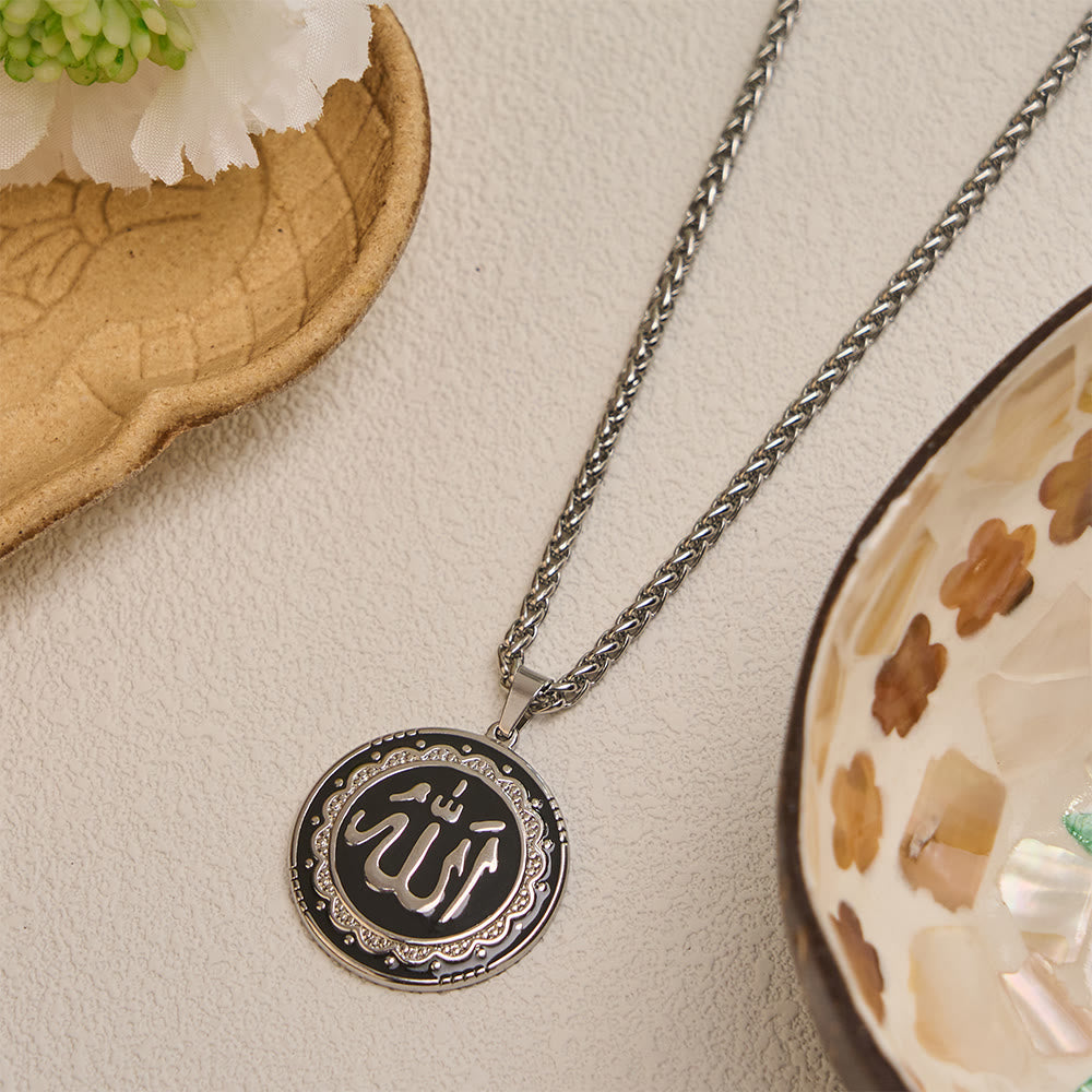 HilalHaven Stainless Steel Round Enamel Pendant Necklace — Engraved Medallion with 60CM Wheat Chain - Silver - image 5
