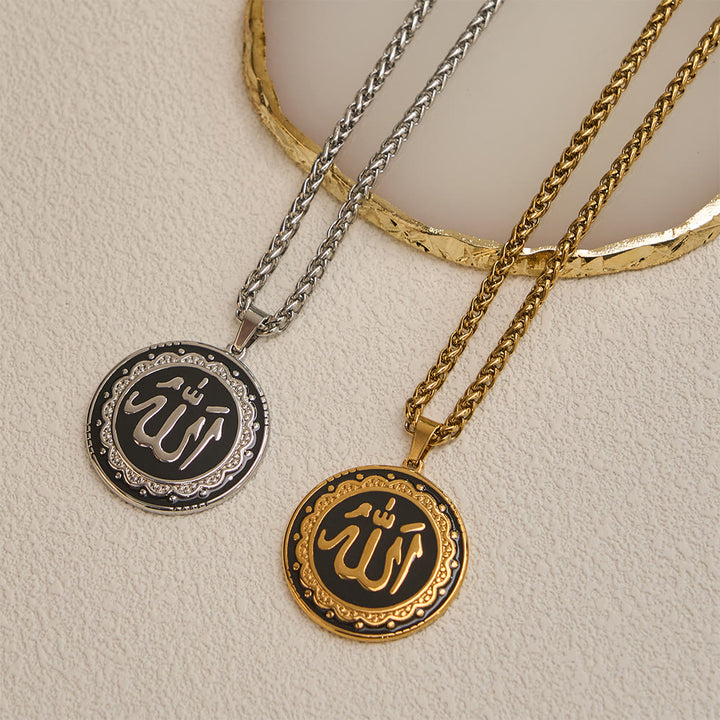 HilalHaven Stainless Steel Round Enamel Pendant Necklace — Engraved Medallion with 60CM Wheat Chain - image 0