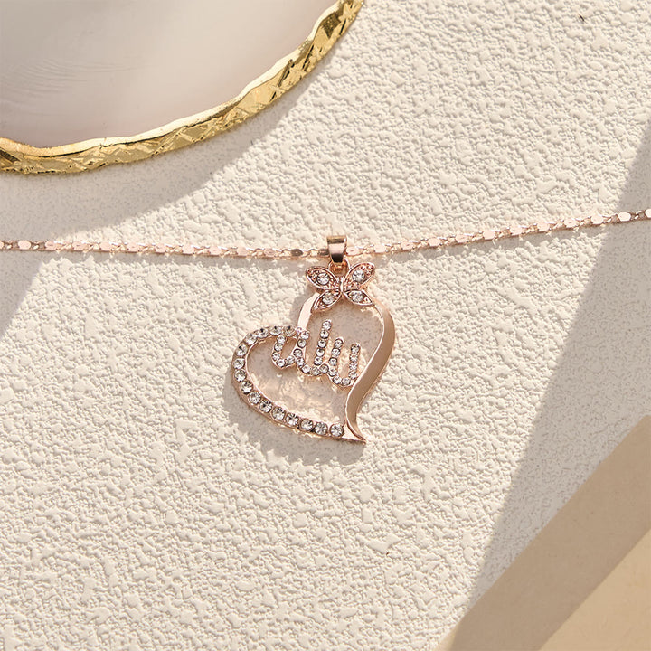 HilalHaven Rose Golden Heart &amp; Butterfly Pendant Necklace — Crystal-Encrusted Adjustable Chain for Women - image 3