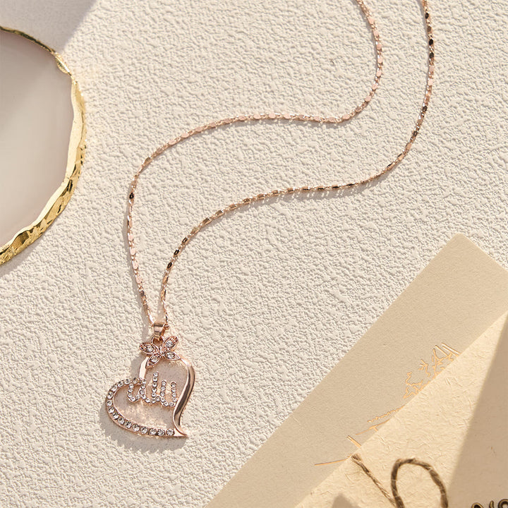 HilalHaven Rose Golden Heart &amp; Butterfly Pendant Necklace — Crystal-Encrusted Adjustable Chain for Women - image 4