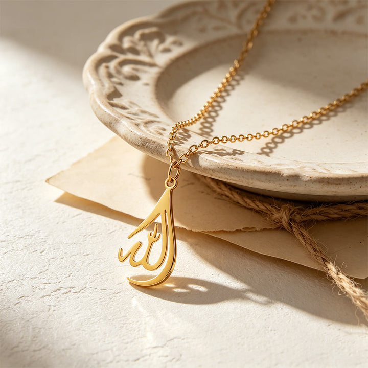HilalHaven Polished Gold-Tone Calligraphy Necklace — Elegant Handcrafted Cultural Jewelry - image 1