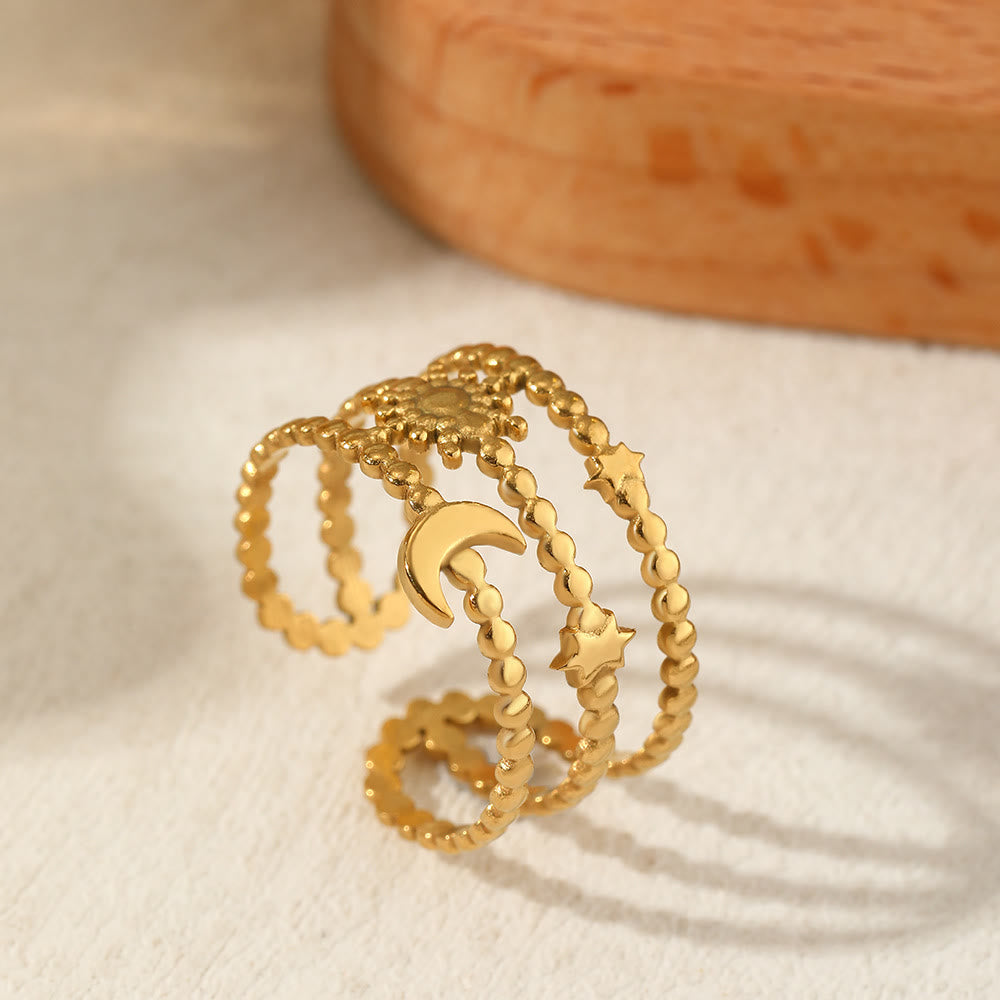 HilalHaven Beaded Sun Moon Star Ring — Adjustable Gold Plated Stackable Ring - image 1