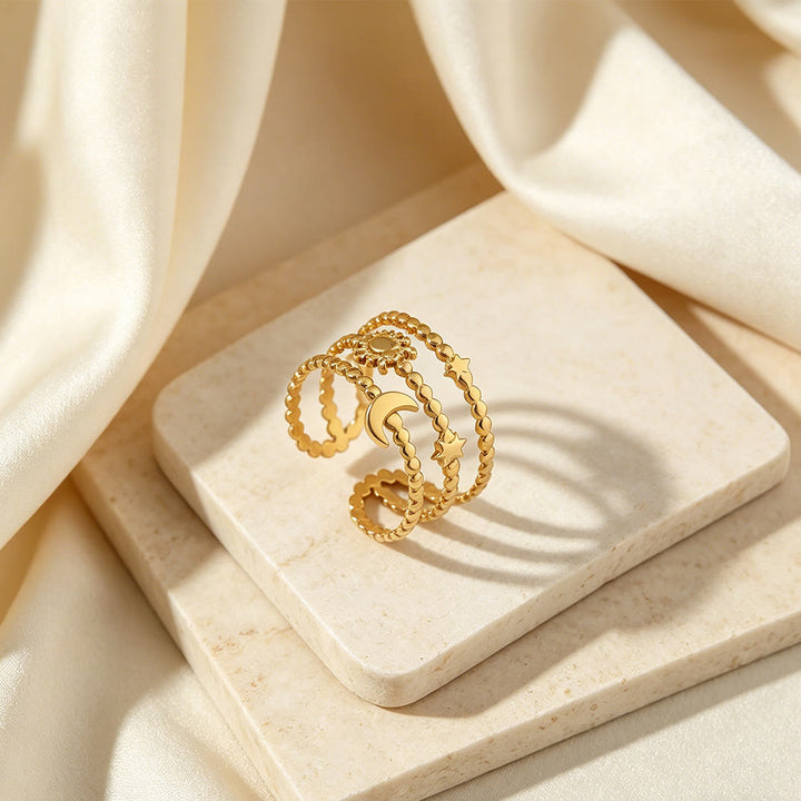 HilalHaven Beaded Sun Moon Star Ring — Adjustable Gold Plated Stackable Ring - image 4