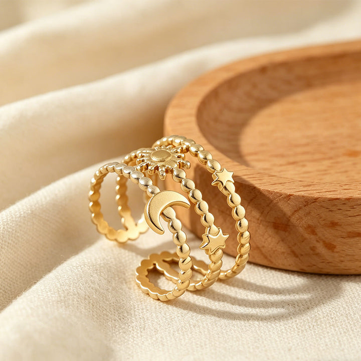 HilalHaven Beaded Sun Moon Star Ring — Adjustable Gold Plated Stackable Ring - Golden - image 0