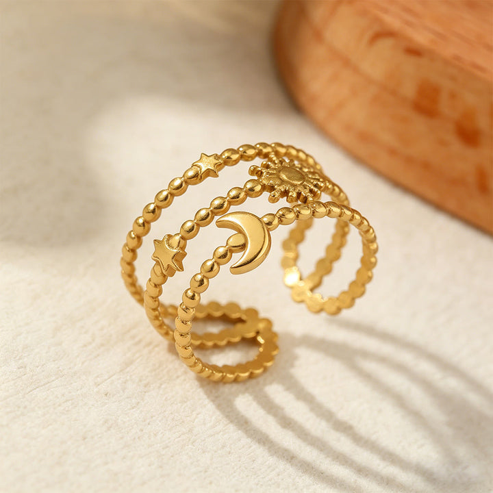 HilalHaven Beaded Sun Moon Star Ring — Adjustable Gold Plated Stackable Ring - image 2