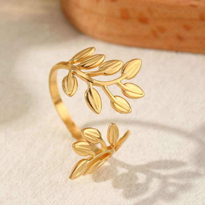 HilalHaven Assorted Open Ring Collection — Leaves, Celestial &amp; Geometric Styles for Daily Wear - Golden Branch Leaf Ring - image 4