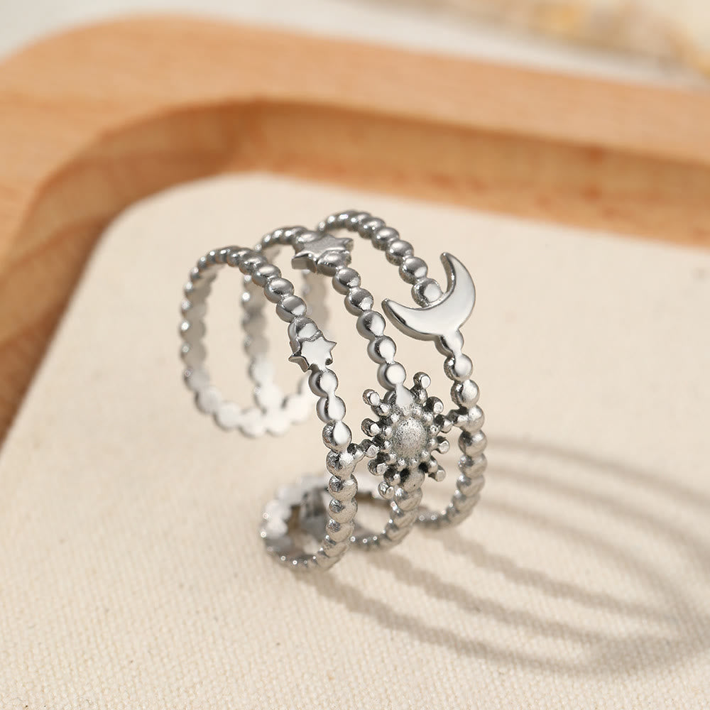 HilalHaven Assorted Open Ring Collection — Leaves, Celestial &amp; Geometric Styles for Daily Wear - Silver Moon &amp; Star Stack Ring - image 3